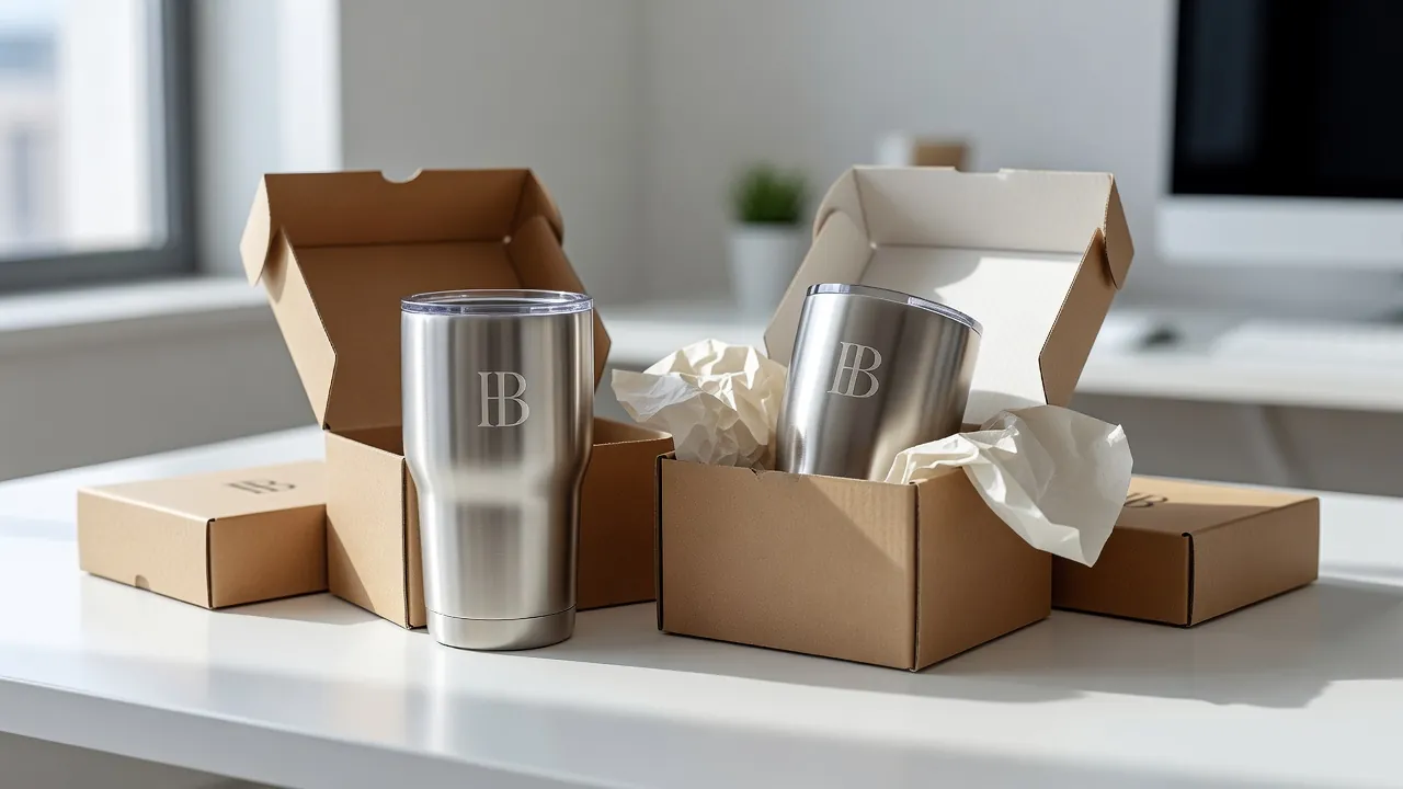 Custom insulated tumblers packaged as corporate gifts
